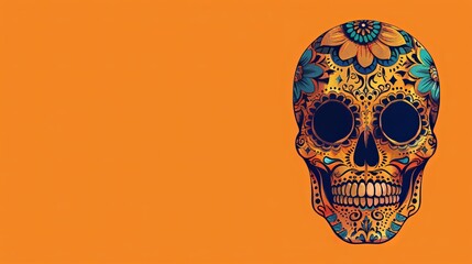 Intricate calavera sugar skull isolated with copy space on solid orange background. isolated on a solid orange background. Illustrations