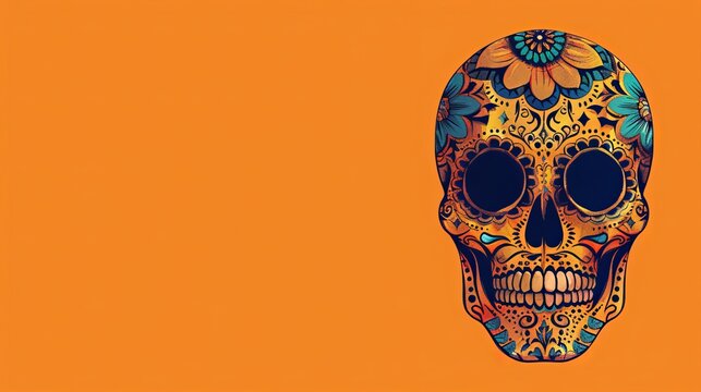 Intricate calavera sugar skull isolated with copy space on solid orange background. isolated on a solid orange background. Illustrations