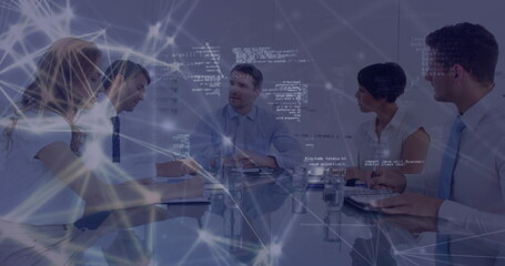 Image of financial data processing over business people in office