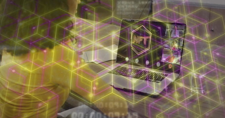 Image of connections and data processing over woman using laptop