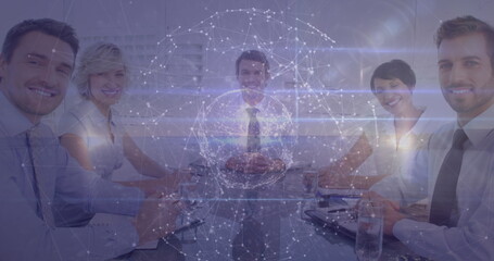 Image of globe with connections data processing over business people in office