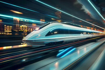 Fototapeta premium Modern train at station platform with futuristic elements.