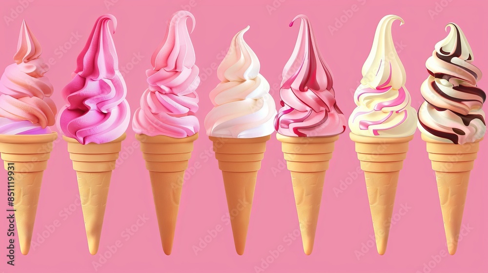 Wall mural variety of soft serve ice cream in cone in solid pink background. isolated on a solid pink background. Illustrations