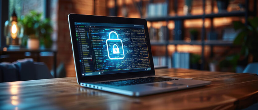 A laptop screen shows a blue lock symbol
