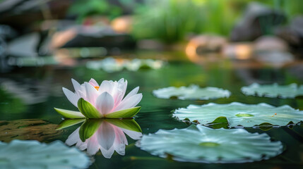A beautiful white flower is floating on the surface of a pond