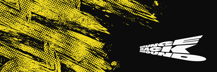 Abstract Black and Yellow Dirty Grunge Background with Halftone Effect. Sports Background with Brush Stroke Illustration