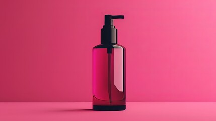 A sleek skincare bottle in a bold geometric design on a magenta isolated solid background, emphasizing strong lines and color,. isolated on a solid magenta background. Illustrations