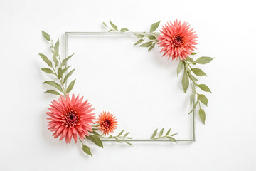 Pink Flowers and Greenery Border a Silver Frame on White Background
