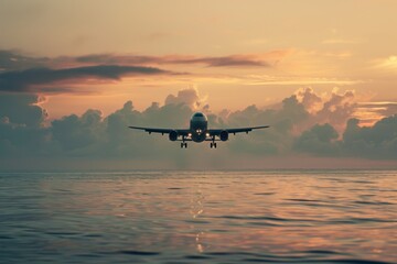 The plane flies low over the sea during sunset.