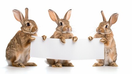 Fototapeta premium Three Rabbits holding a white banner