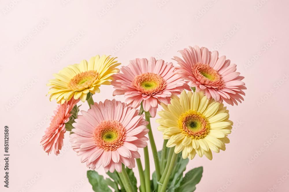 Canvas Prints Close-Up of Pink and Yellow Gerber Daisies on Pink Background