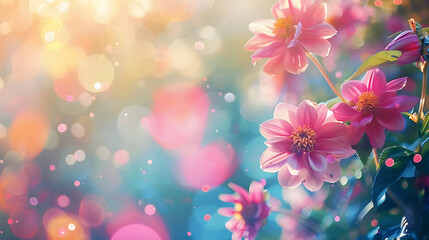 Fototapeta premium Bright summer floral background with vibrant flowers and bokeh effects Blooming flowers with dreamy backdrop Trendy botanical wallpaper Festive mood Wide banner Copy space Mockup f