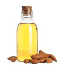 Bottle of almond oil and fresh nuts isolated on white