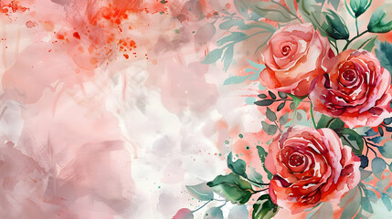 Ready to use Card Watercolor invitation design with roses, leaves flower and watercolor background floral elements, botanic watercolor illustration Template for wedding frame