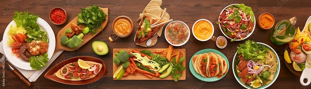 Wall mural healthy eating options presented on a wooden table with a variety of colorful plates and utensils - Wall murals