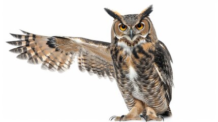 Obraz premium Wise owl pointing something out with his wing isolated on white