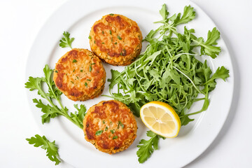 Close up of three delicious fish cakes on a white plate