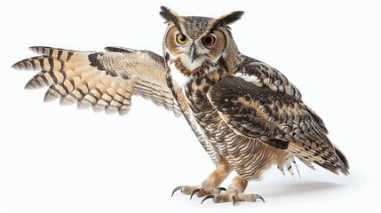 Obraz premium Wise owl pointing something out with his wing isolated on white