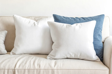 White and Blue Pillows on a White Sofa