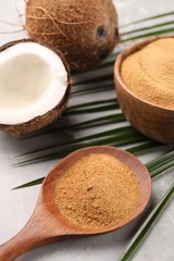 Spoon with coconut sugar, palm leaves, bowl and fruit on light marble table, closeup