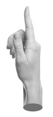 Woman's hand pointing at something on white background. Black and white effect