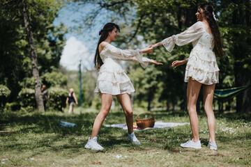 Captured in a lush green park, two young women enjoy a playful moment, dancing in matching white dresses on a bright sunny day.