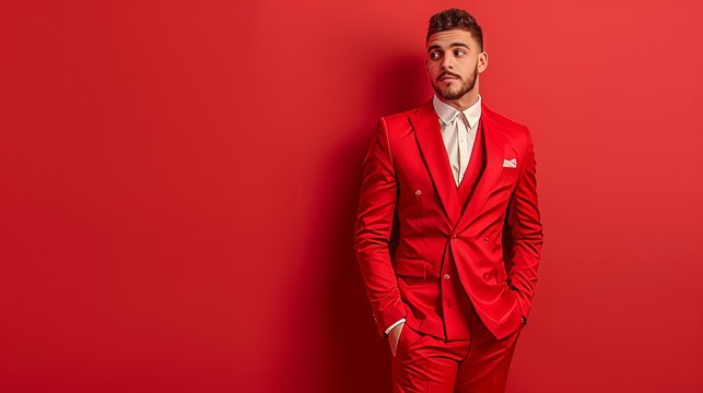 Male model wearing a red suit isolated on solid red background. isolated on a solid red background. Illustrations
