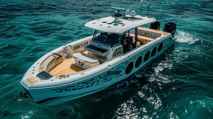 Fototapeta premium A white and blue luxury boat with a hardtop and large seating area is docked on clear blue water.