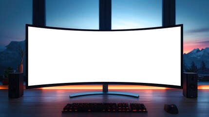 Mockup of ultra-wide curved monitor in front of windows at golden hour, AI-generative