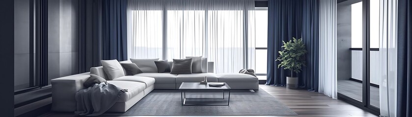 modern living room aesthetics a white couch with gray and white pillows sits in front of a large window, adorned with a green plant the room features a white wall and wood floor, with