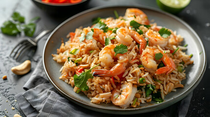 A plate of sweet and savory Thai peanut fried rice with shrimp