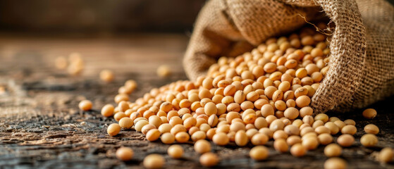 A bag of soybeans is spread out on a wooden table