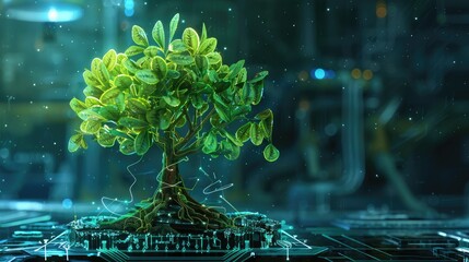 A vibrant green tree flourishing amidst advanced technology, signifying growth and innovation in a digital environment.