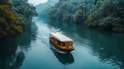 Naklejka premium A wooden boat travels down a river surrounded by dense foliage and a misty morning sky.
