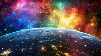 Obraz premium Stunning view of Earth from space with vibrant, colorful nebulae and stars in the galaxy background. Cosmic and celestial beauty captured perfectly.
