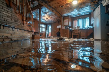 A flooded basement with standing water and damage to the floor and walls of a residential home. Generative AI