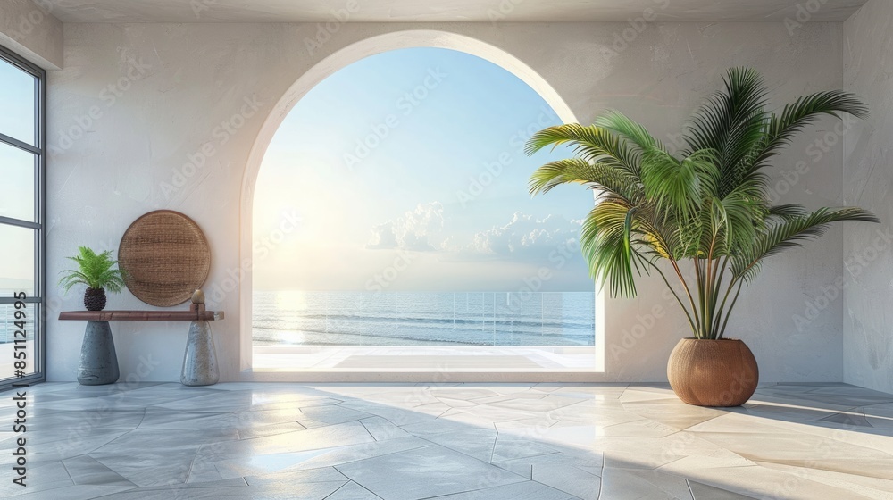 Poster a bright and airy interior design with a minimalist aesthetic featuring an arched window overlooking