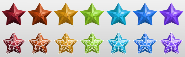 3D multicolored stars of various colors, arranged in 2 rows. A set of multicolored stars on a light background. Vector illustration.