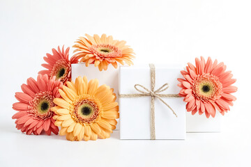 White Gift Boxes with Pink and Yellow Gerbera Daisies
