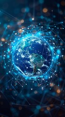 An illustration of global communication and the earth surrounded by cyberspace. 
