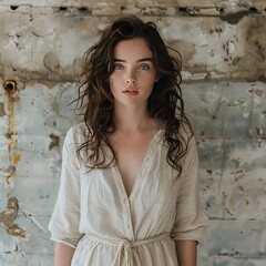 Fototapeta premium A beautiful young woman with long brown hair and blue eyes is standing in front of a rustic metal wall. She is wearing a simple white dress and has a thoughtful expression on her face