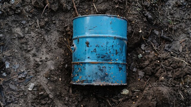 A blue barrel rests in a mound of soil