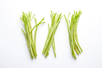 Fresh Green Water Spinach Stems on White Background