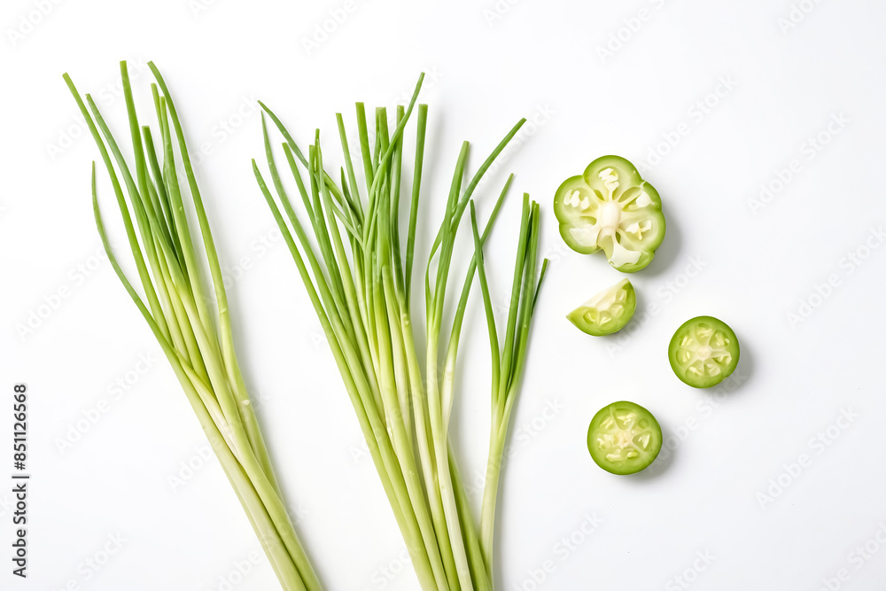 Canvas Prints Green Onion and Green Pepper on White Background