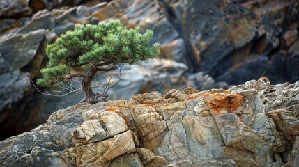 Obraz premium Beautiful maritime pine growing on rugged rocks, resilient and serene, detailed textures and vibrant colors, natural strength and beauty