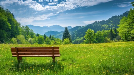 Obraz premium Bench set in a tranquil meadow, surrounded by verdant mountains and forest, blue sky with soft clouds, ideal for a creative banner with copyspace