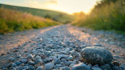Obraz premium Close-up of a big pebble on a quaint countryside road, stones scattered around, tranquil background with earthy tones, peaceful rural vibe