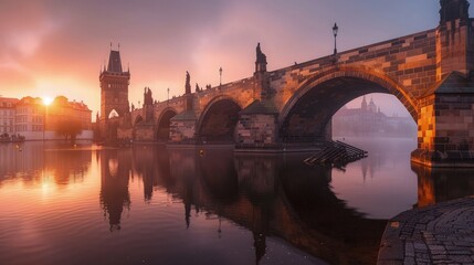 Obraz premium The historic stone bridge glows under the soft golden light of a sunrise over the river in a scenic European urban landscape vista.