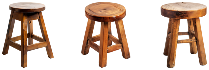 collection of old wooden stool chair isolated on transparent background, png wooden stool cutout