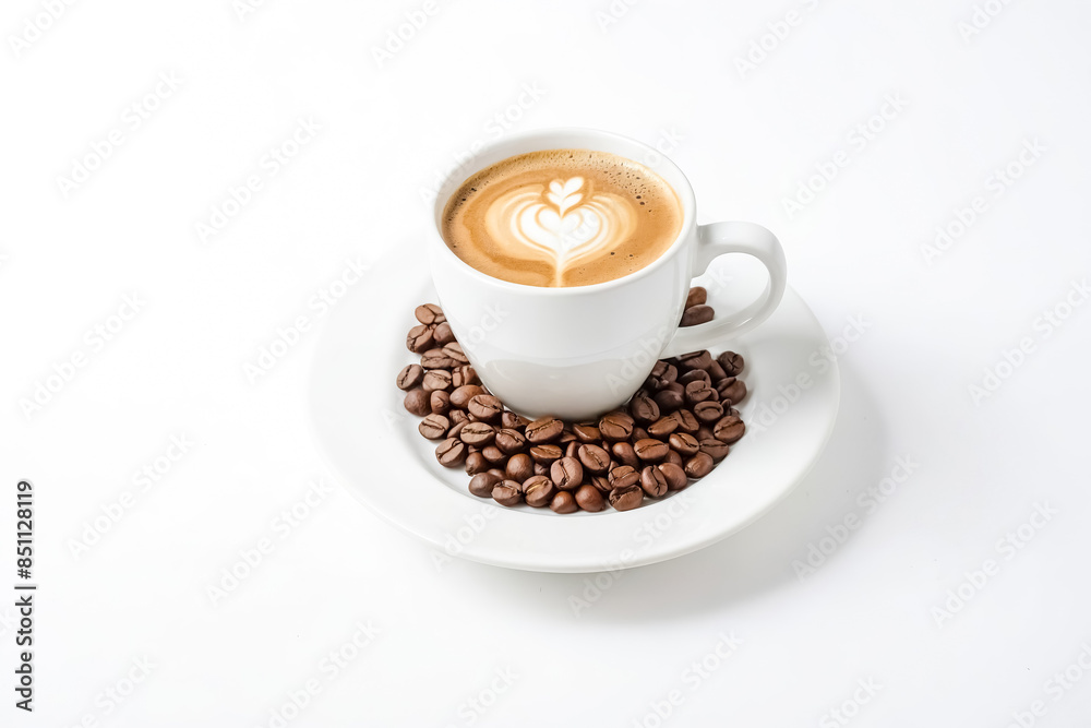 Poster Latte with Heart Design and Coffee Beans on White Background